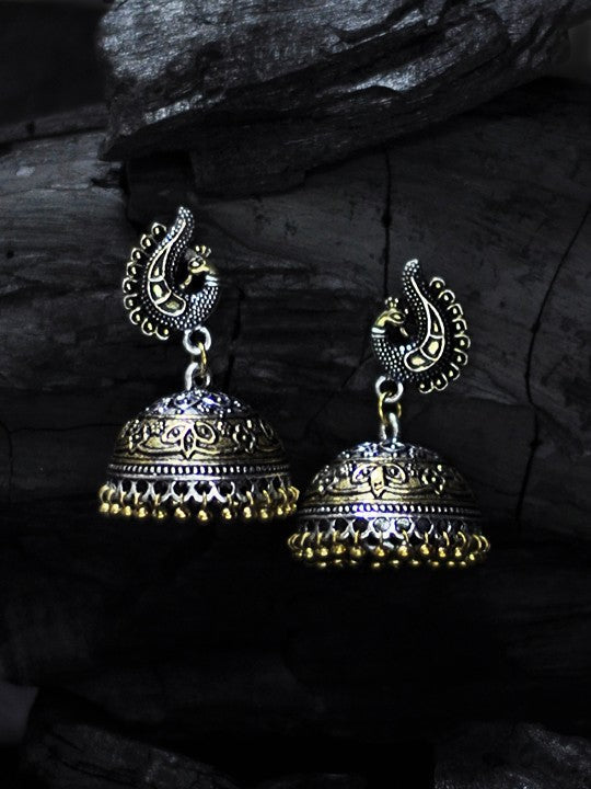 Rubans Oxidized Dual Tone Peacock Stud Metal Jhumki Earring Gold
