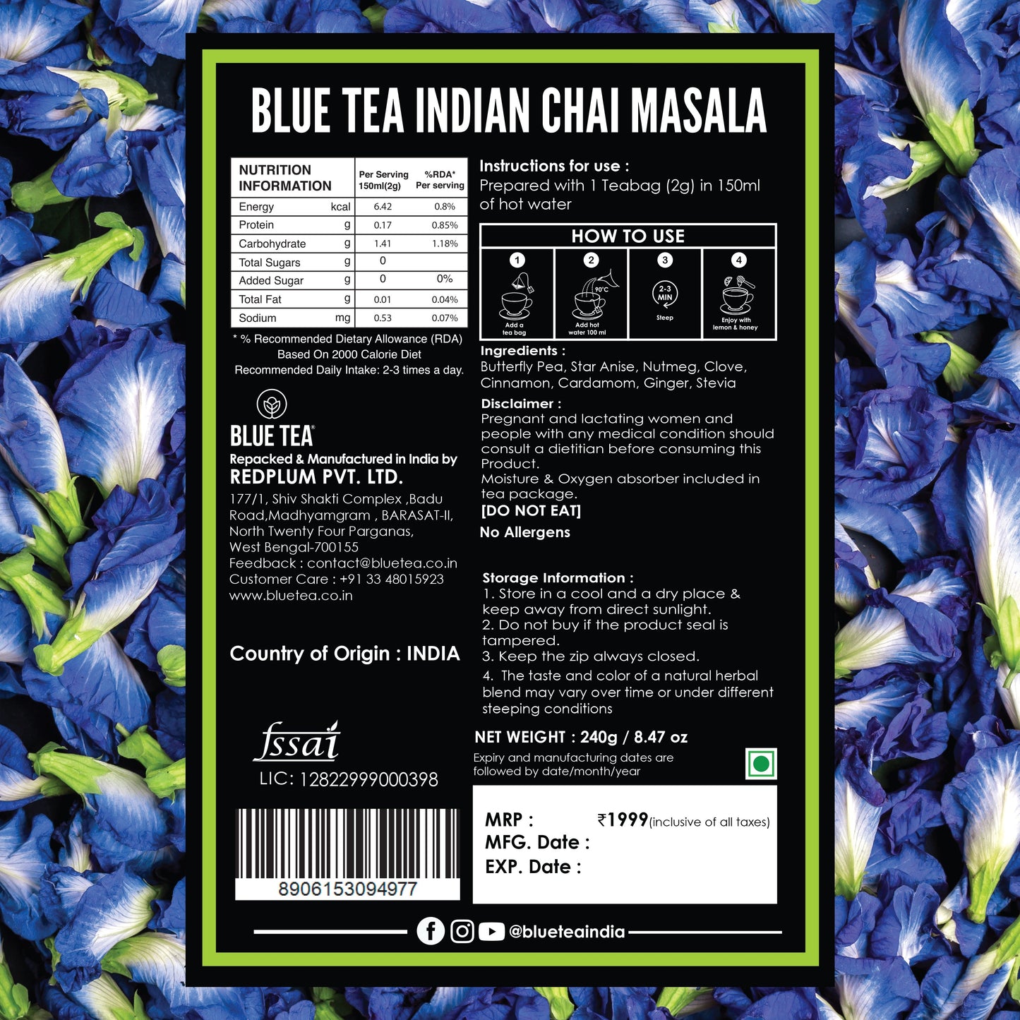 Blue Tea Indian Chai Masala (Calming Blue Tea) - 120 Teabags 120 Tea Bags