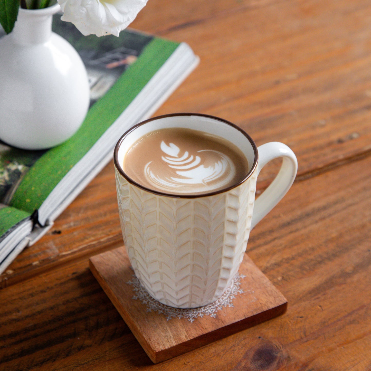 Luxe Weave Coffee Mug – Ivory Elegance (Set of 2) – 300 ml 300ml