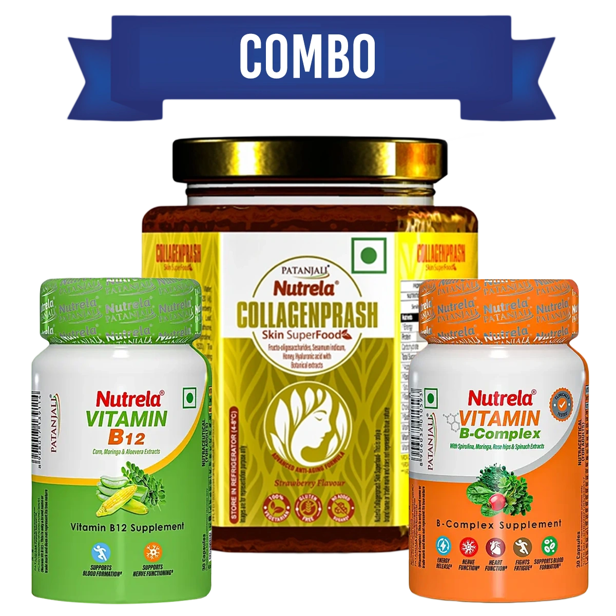 Combo-Nutrela Collagenprash (400G) + Nutrela B12 Capsule (30N) + B-Complex (30N)