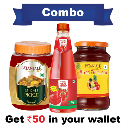 Sauce and Pickle Combo - Mixed Pickle 1 Kg+ Tomato Ketchup o&g 1 ltr(P)+ Mixed Fruit Jam 500gm- Rs 50 Off