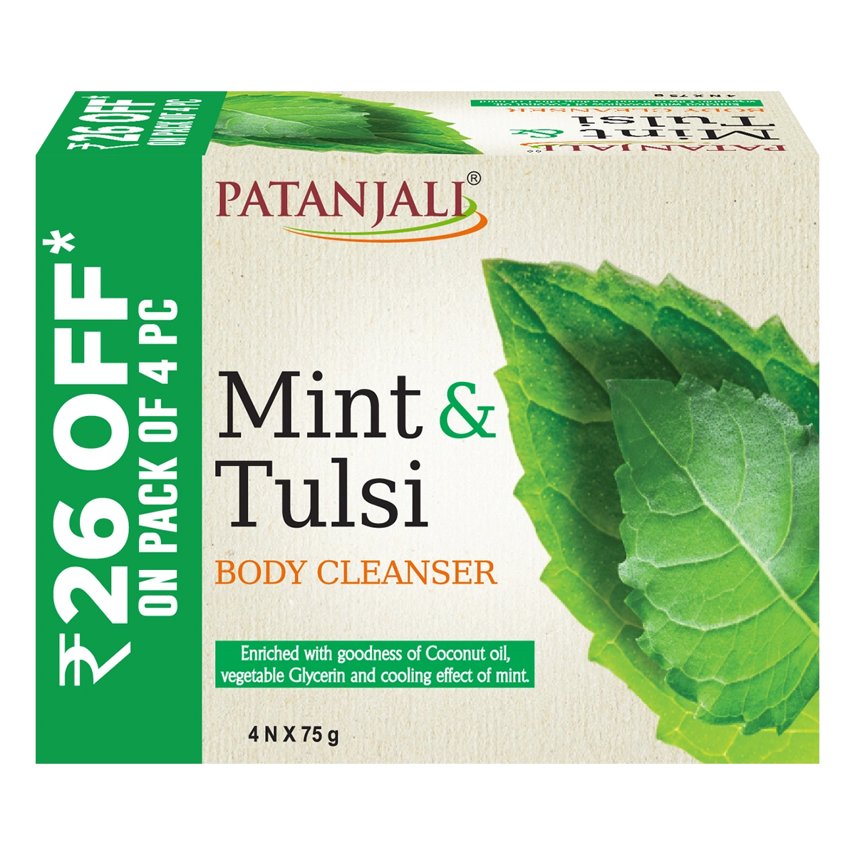 【Patanjali】 Mint & Tulsi Body Cleanser (Pack of 4)｜ミント＆トゥルシー ボディクレンザー（石けん）｜75g×4個