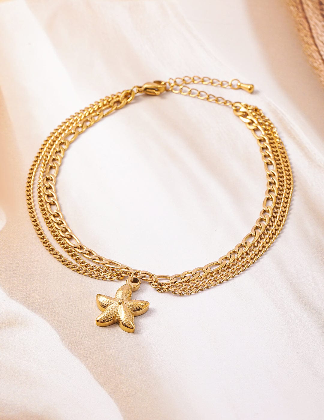 18K Gold Plated Stainless Steel Tarnish-Free Waterproof Multilayer Starfish Charm Anklet Gold