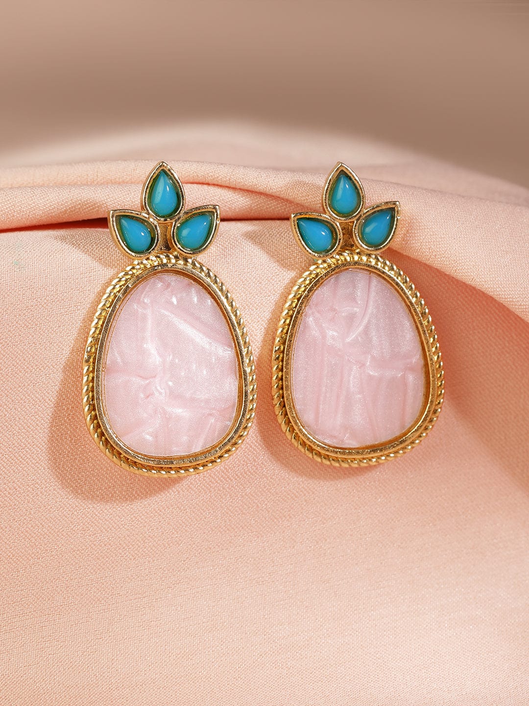 【Rubans】 18K Gold Plated Turquoise Blue & Pale Pink Stone Drop Earrings with Golden Outline｜18Kゴールドメッキ ターコイズブルー＆ペールピンク ストーン ドロップイヤリング