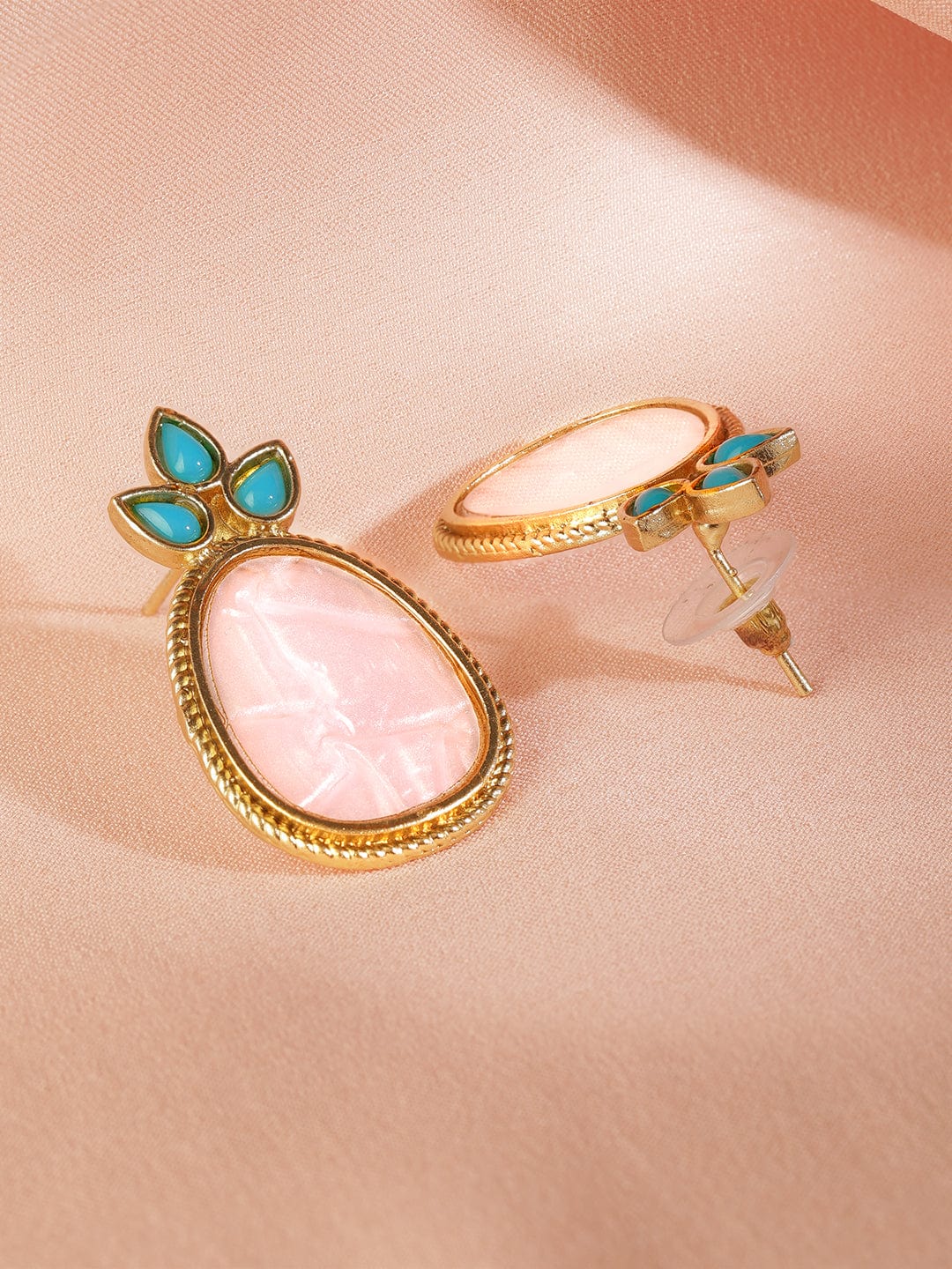 【Rubans】 18K Gold Plated Turquoise Blue & Pale Pink Stone Drop Earrings with Golden Outline｜18Kゴールドメッキ ターコイズブルー＆ペールピンク ストーン ドロップイヤリング