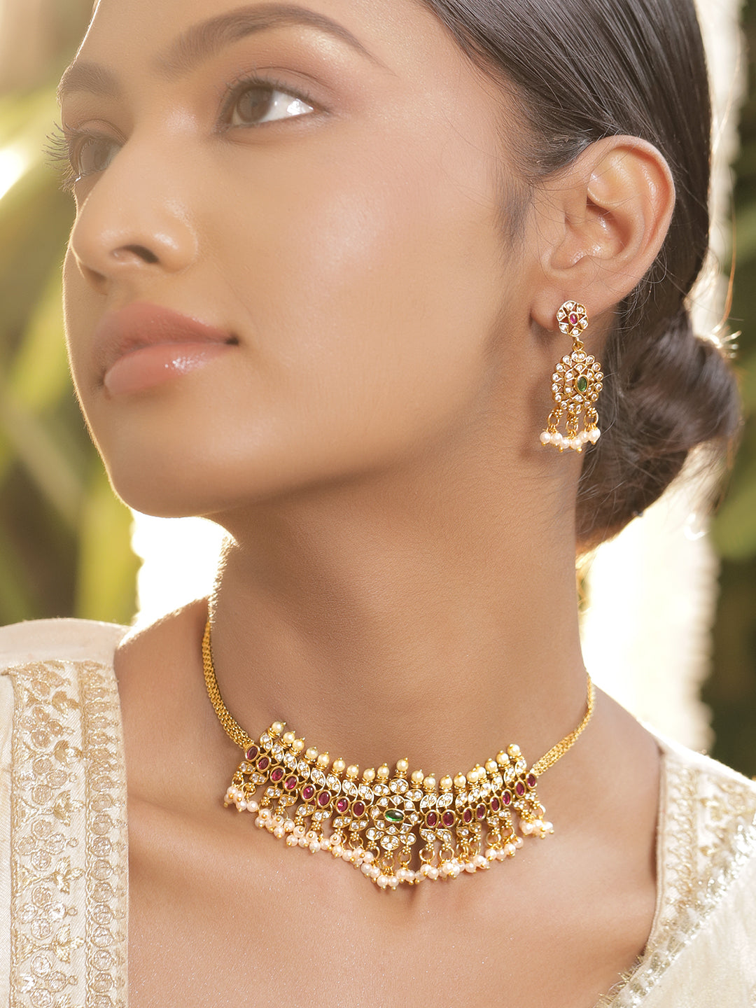 Multicolor Studded Pearl Drop Gold Necklace Set フリーサイズ