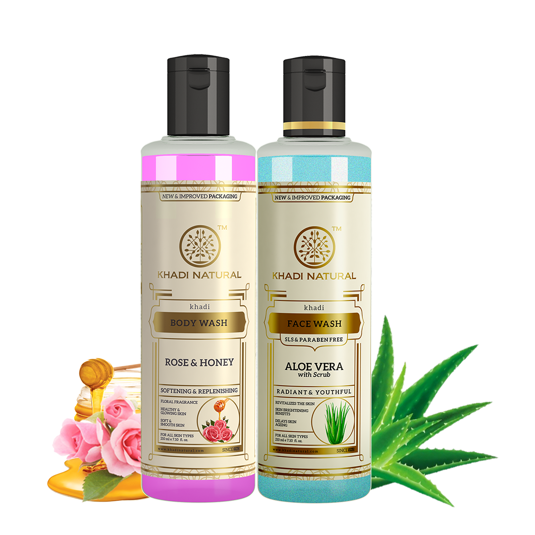 Aloe Vera with Scrub Face Wash (SLS & Paraben Free) & Rose & Honey Body Wash – Combo Pack of 2 210ml Each