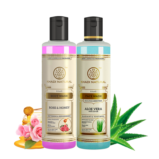 Aloe Vera with Scrub Face Wash (SLS & Paraben Free) & Rose & Honey Body Wash – Combo Pack of 2 210ml Each