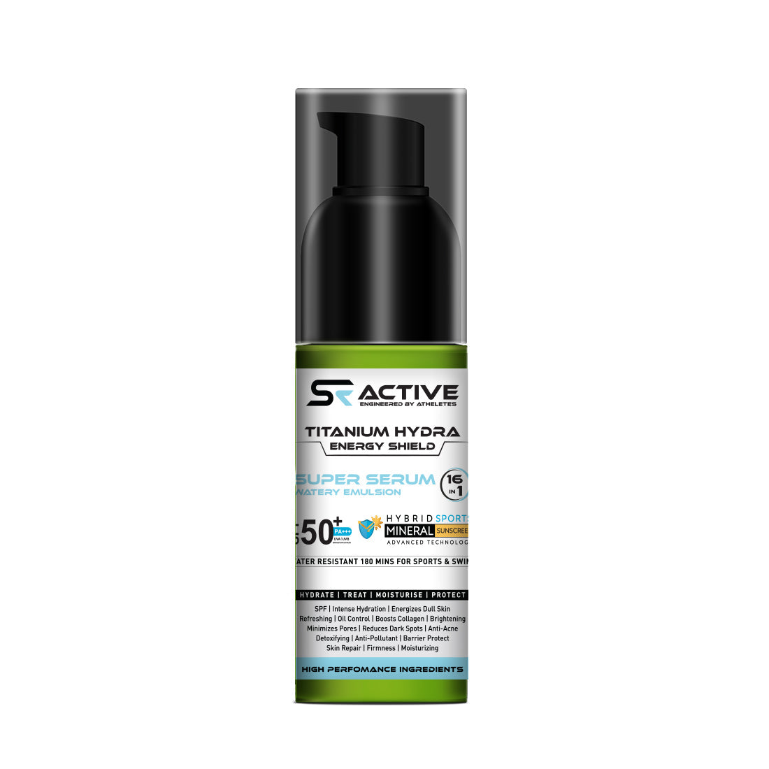 SR Active, Titanium Hydra Energy Shield Sports Mineral Super Serum Sunscreen SPF50 PA+++, 16-in-1 Watery Emulsion, Water-Resistant 180min 50ml