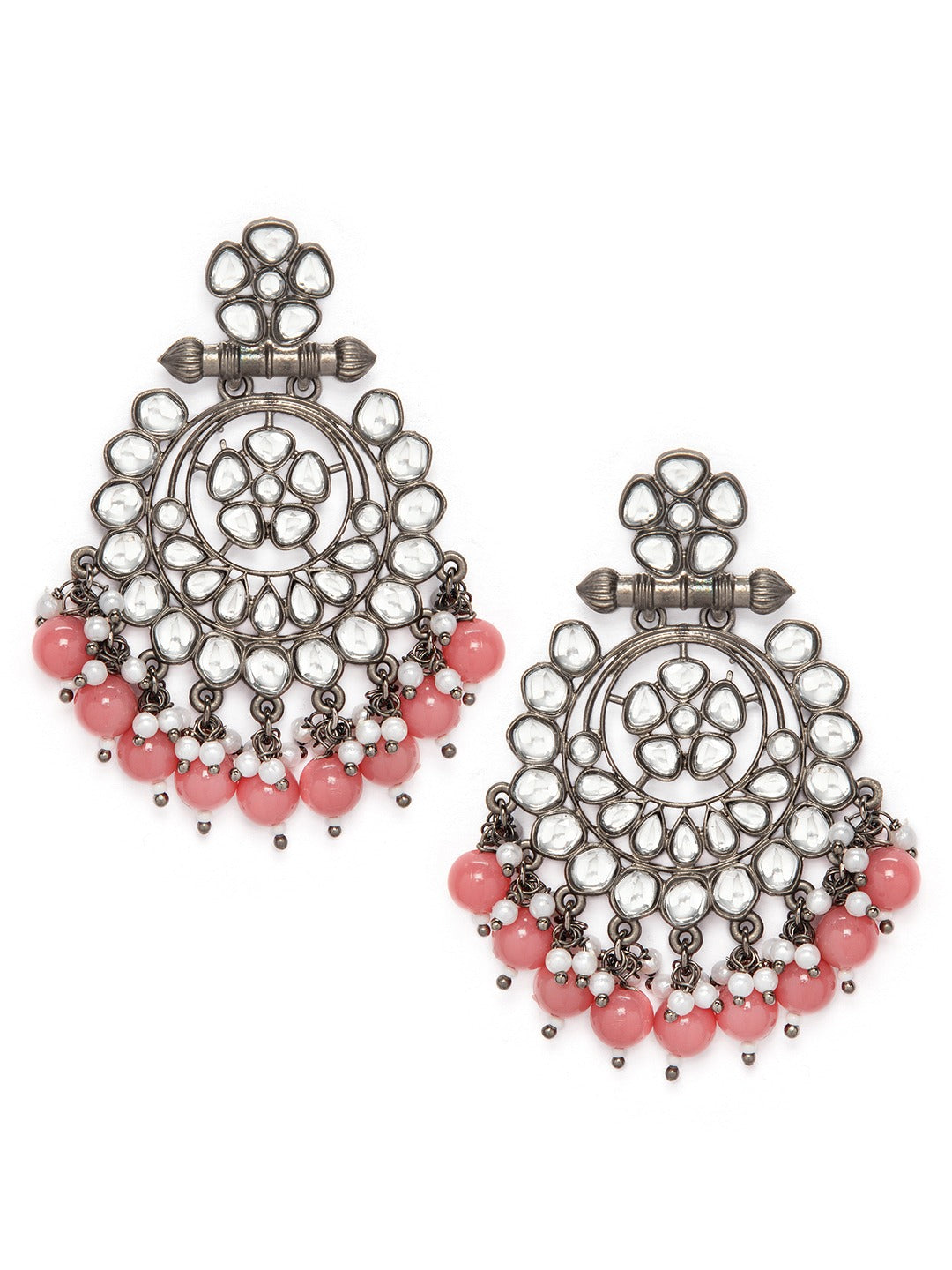 Rubans Black Metal Kundan Statement Chandbali Earrings Pink