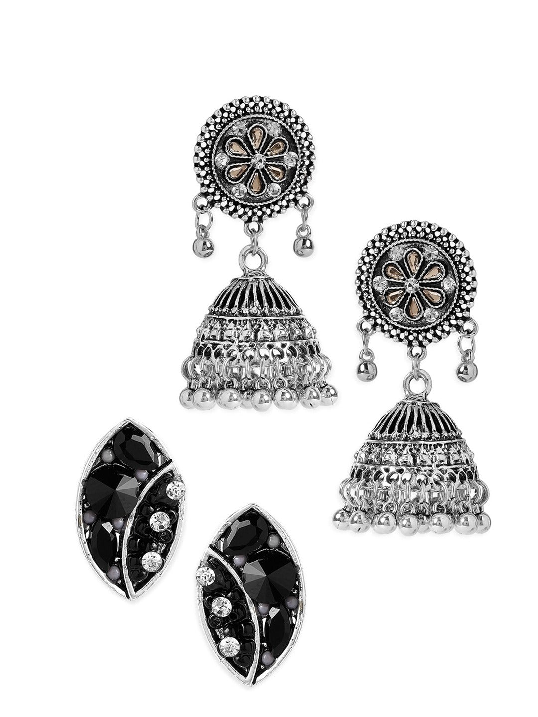 Rubans Silver Toned Oxidized Handcrafted Set of 2 Earrings Silver
