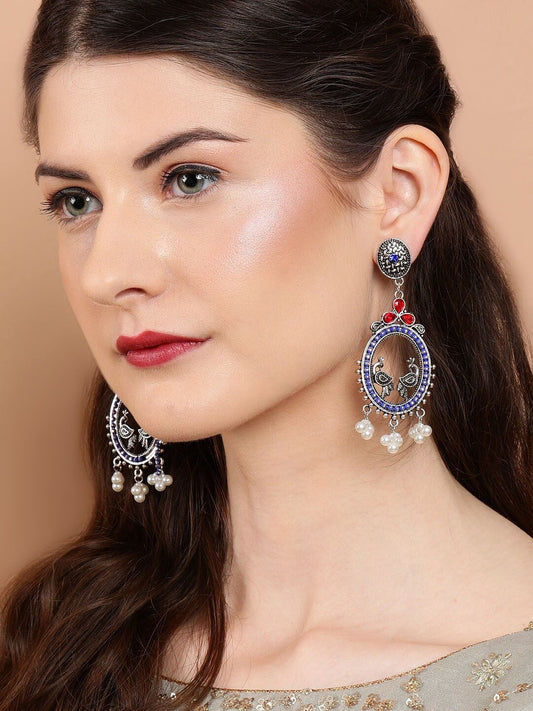 Oxidised Peacock Motif Red & Blue Pearl Danglers Silver
