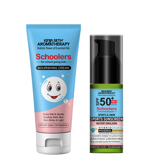 Schoolers Kids Nourishing Cream & Sports Mineral Watery Sunscreen SPF 50 PA+++  Combo Kit for Boys & Girls – Lightweight, Moisturizing, No White Cast 100ml