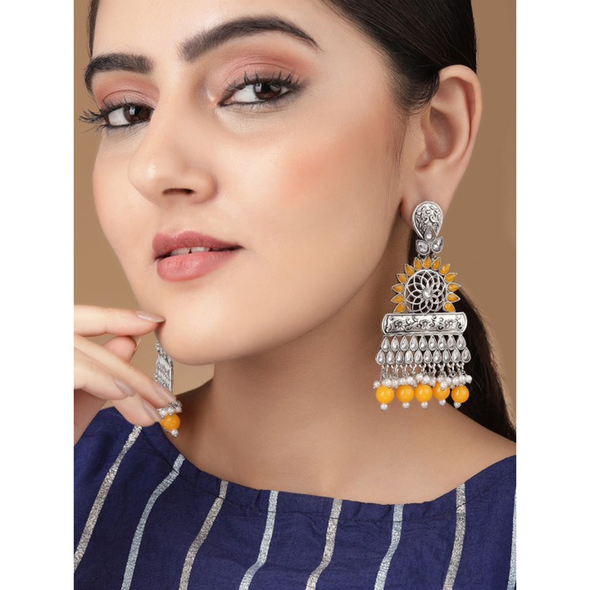 Rubans Silver-Toned & Orange Stone Studded & Beaded Oxidized Drop Earrings Silver