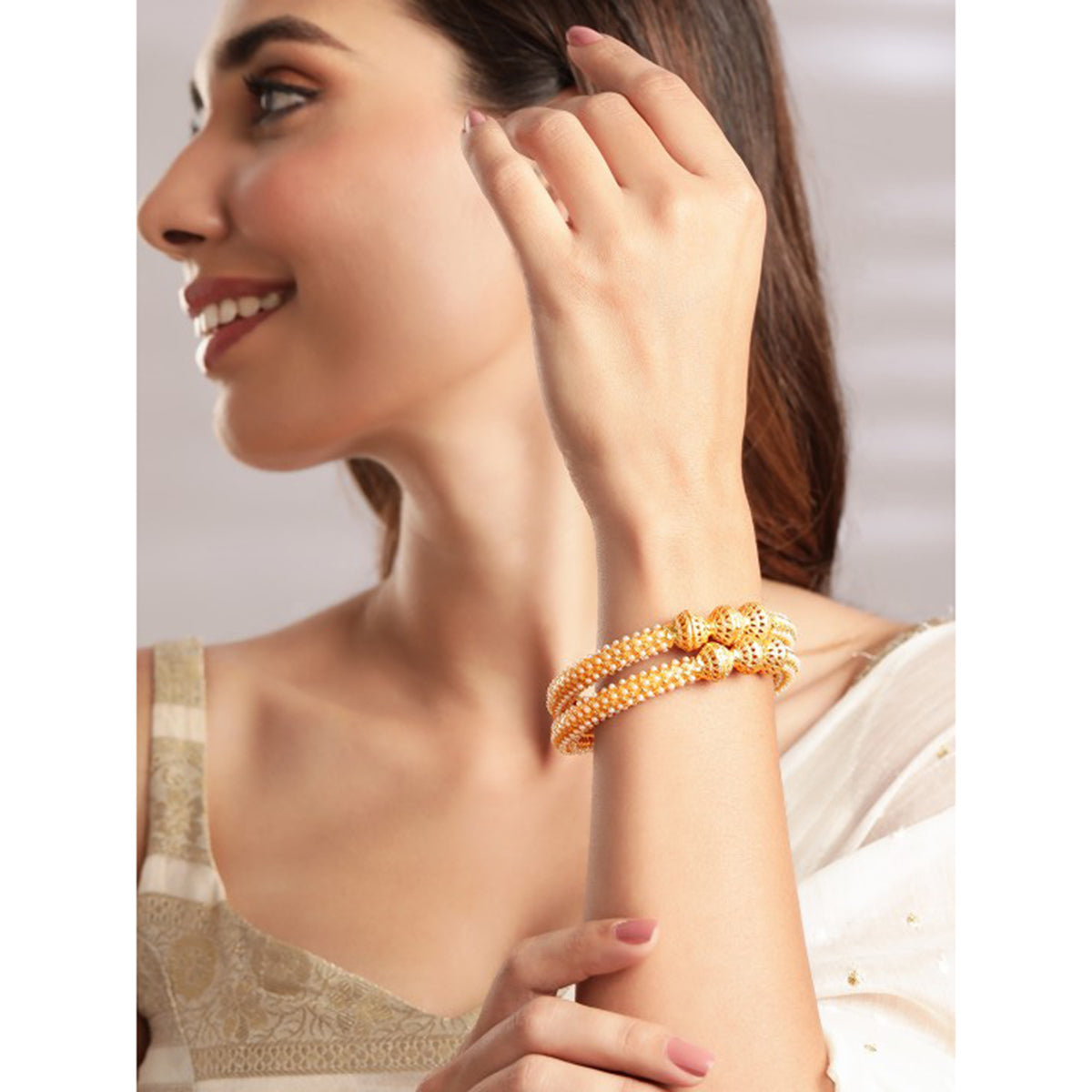 Rubans Set Of 2 Gold-Plated  White Pearls-Studded Handcrafted Bangles 2.4 - Small
