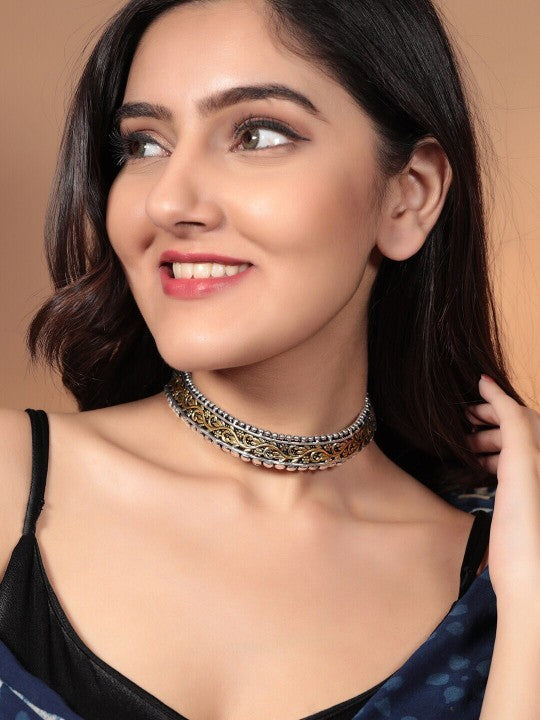 Rubans Silver Plated Handcrafted Dual Toned Filigree Choker Gold & Silver