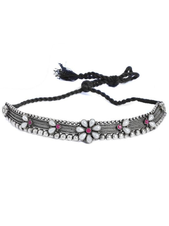 Rubans Silver Plated Handcrafted Oxidised Floral Choker Silver