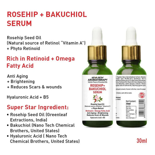 Rosehip + Bakuchiol Serum, Phyto Retinol + Omega Fatty Acids + Vitamin A, Anti-Ageing Wrinkles Fine Lines Brightening Scars, Hyaluronic Acid + B5 30ml