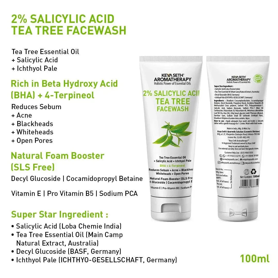 Complete Acne Solution Kit: 2% Salicylic Acid Tea Tree Oil Facewash & Serum with BHA, Terpineol, Ichthyol Pale, Hyaluronic Acid, and Vitamin E for Acne, Pores, and Blemish Control 130ml