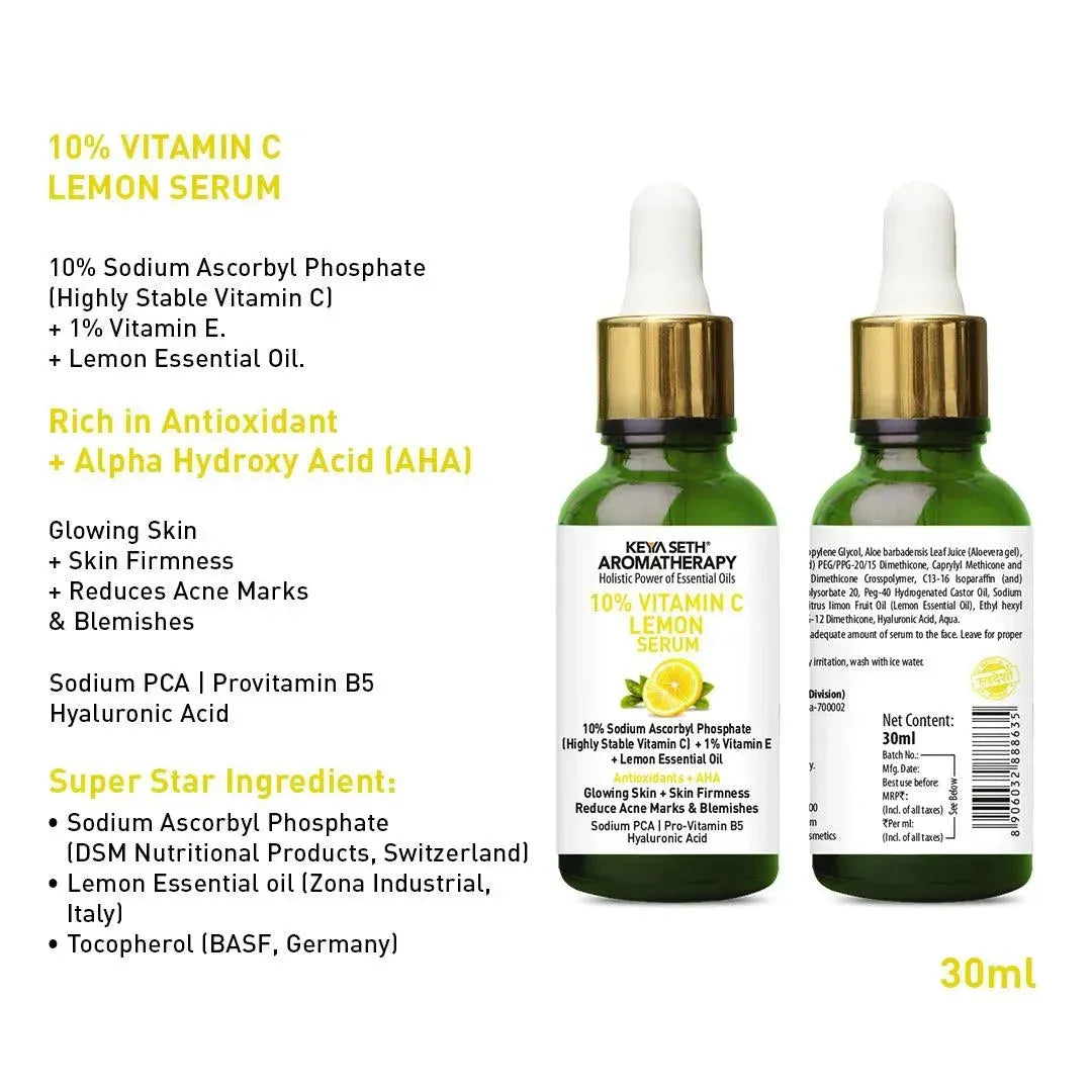 10% Vitamin C Lemon Serum, Sodium Ascorbyl Phosphate + Vitamin E & Lemon Essential Oil, Antioxidants + AHA, Glowing Skin & Firmness, Reduces Acne Marks 30ml