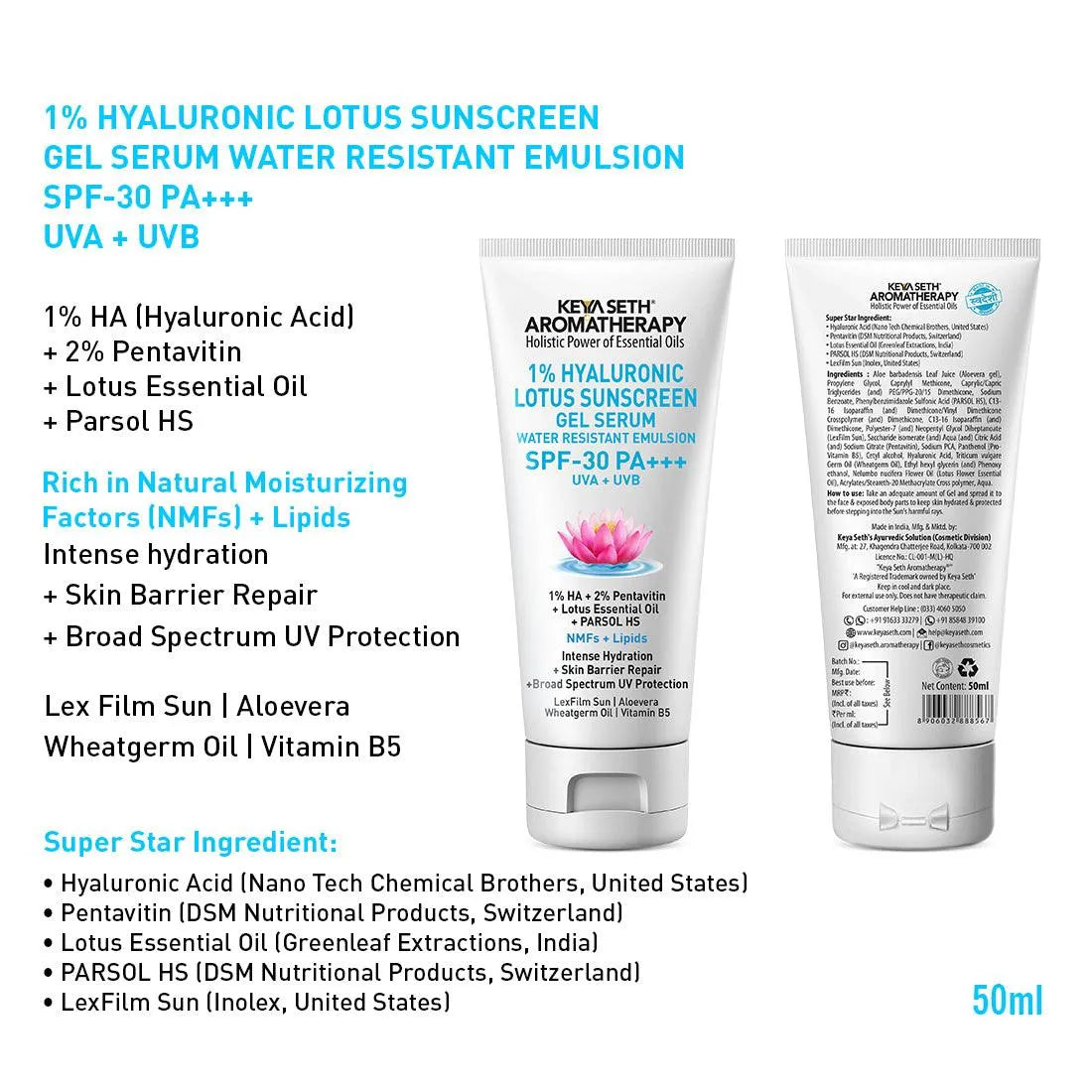 1% Hyaluronic Lotus Sunscreen Aqua GEL Serum, SPF 30 UVA + UVB ,2% Pentavitin + Parsol HS, NMFs + Lipids, Water Resistant + Skin Barrier Repair 50ml