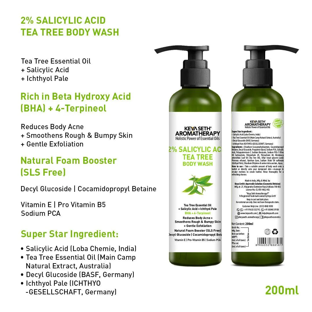 Salicylic Acid Tea Tree Body Wash, BHA + Terpineol, Body Acne & Exfoliation, Natural Glucoside Foaming, Dead Skin Removal, Ichthyol Pale, Vitamin E,B5 200ml