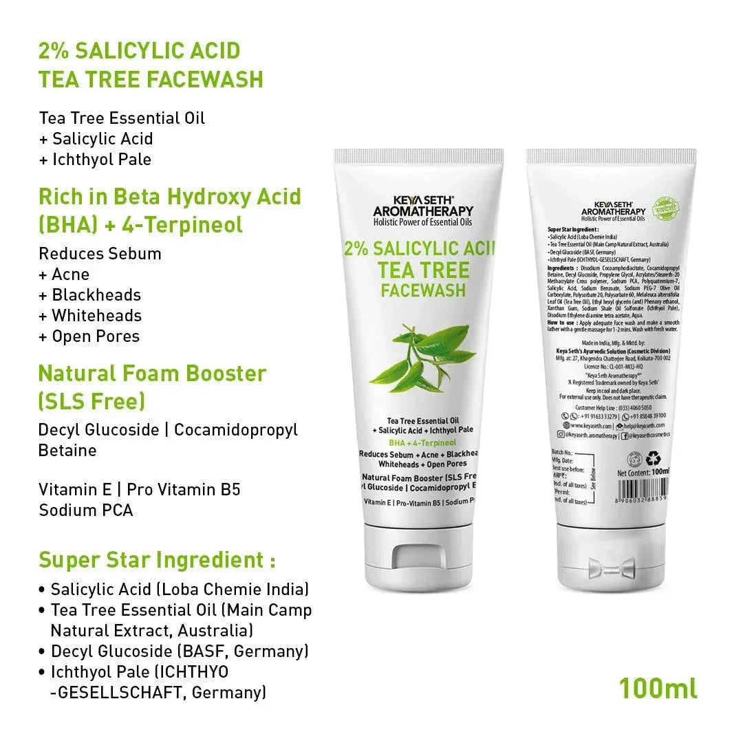 2% Salicylic Acid Tea Tree Facewash, BHA + Terpineol, Natural Glucoside Foaming, Acne, Blemishes, Blackheads, Whiteheads & Open Pores, Hyaluronic Acid 100ml