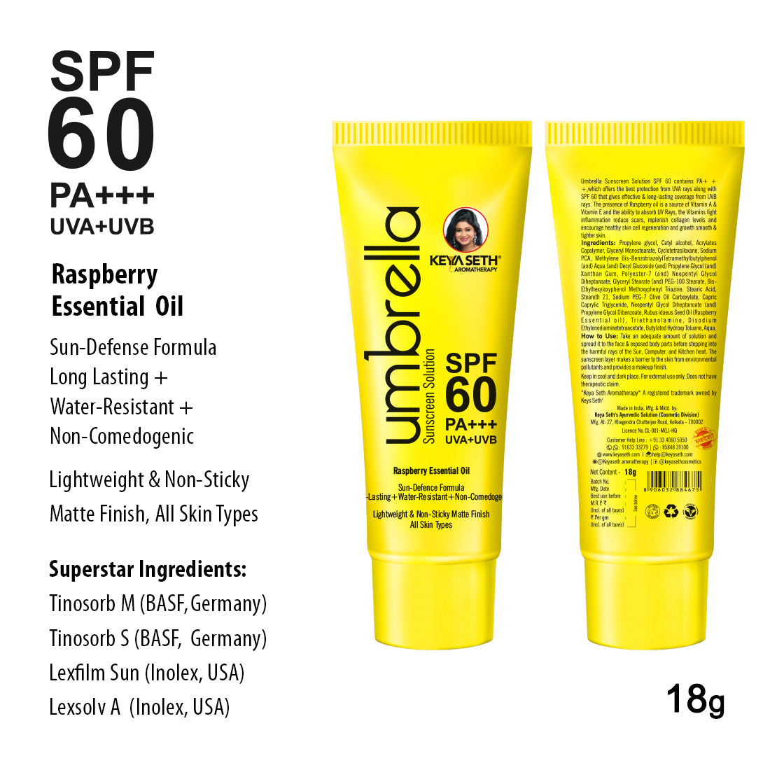 Umbrella Sunscreen Solution SPF 60, Broad Spectrum Protection, No White Cast, Lightweight Matte Finish with Raspberry Oil 18ml
