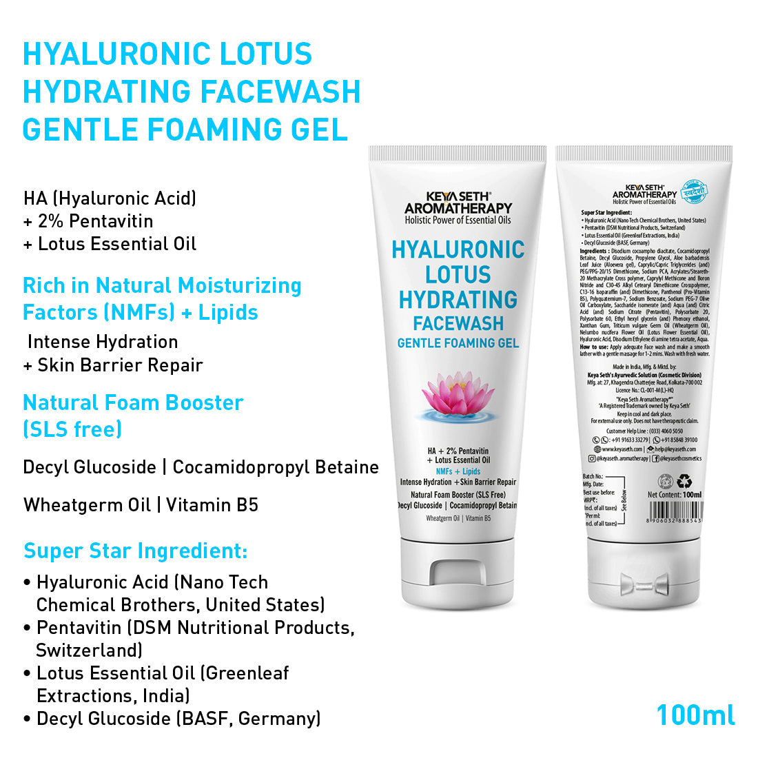 Hyaluronic Lotus Hydrating Facewash, 2 % Pentavitin + Natural Glucoside Foaming, NMFs + Lipids, Skin Barrier Repair, Gentle SLS Free 100ml x 3