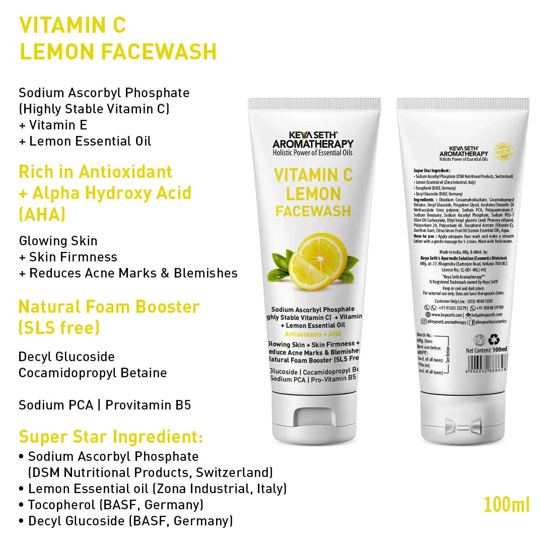 Vitamin C Lemon Combo: Facewash & Serum with Sodium Ascorbyl Phosphate, Vitamin E & AHA for Radiant, Firm, Acne-Free Skin 130ml