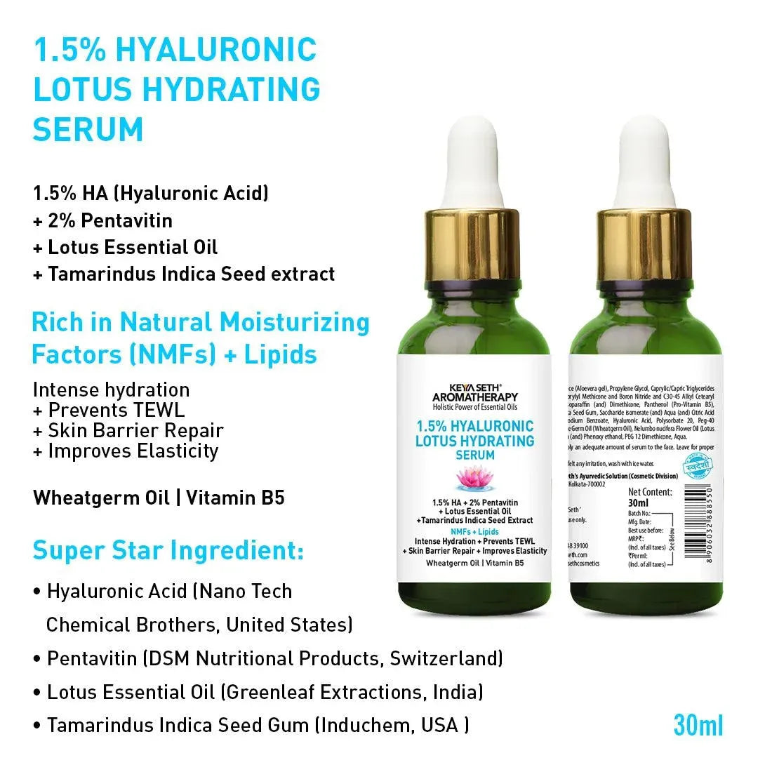 Complete Hydrating & Plumping Kit: Hyaluronic Lotus Face Wash, 1.5% Serum, Gel Moisturizer with 2% Pentavitin + Parsol HS, SPF 30+++ Sunscreen for Intense Hydration & Skin Barrier Repair 230ml