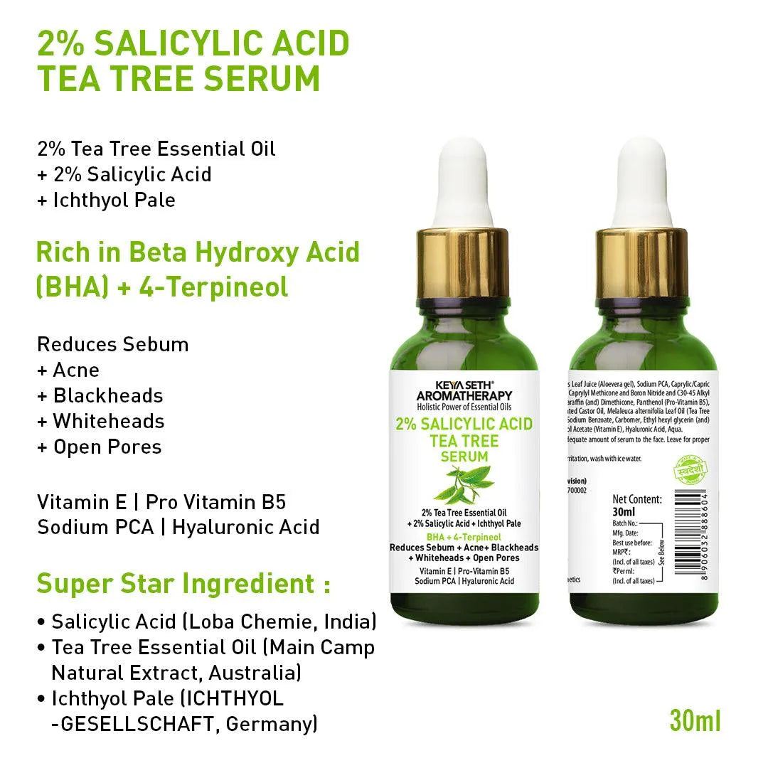 Complete Acne Solution Kit: 2% Salicylic Acid Tea Tree Oil Facewash & Serum with BHA, Terpineol, Ichthyol Pale, Hyaluronic Acid, and Vitamin E for Acne, Pores, and Blemish Control 130ml