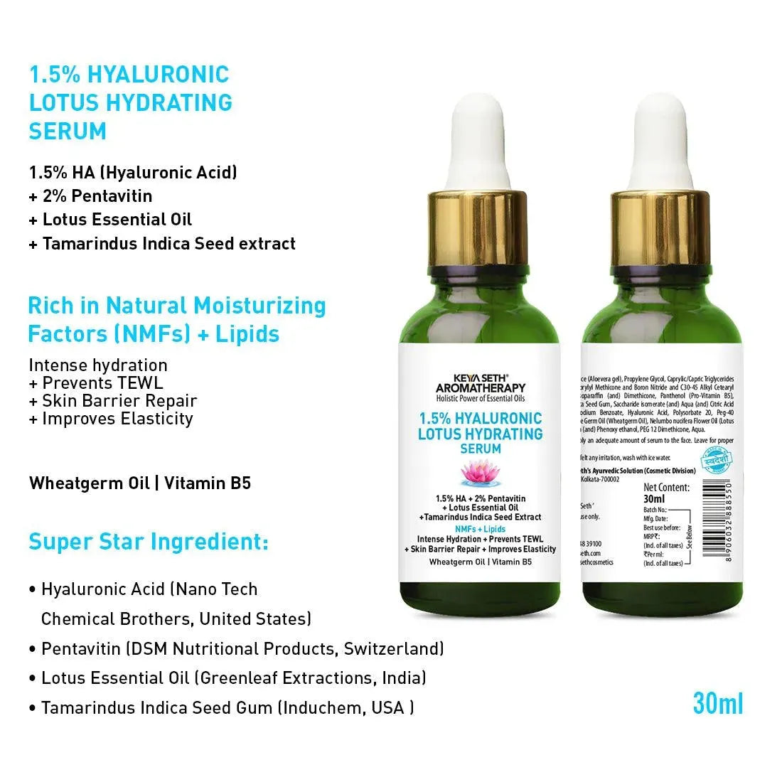 1.5% Hyaluronic Lotus Hydrating Serum, 2% Pentavitin + Tamarind Extract, NMFs + Lipids, Skin Barrier Repair, Improves Elasticity, Prevents TEWL 30ml