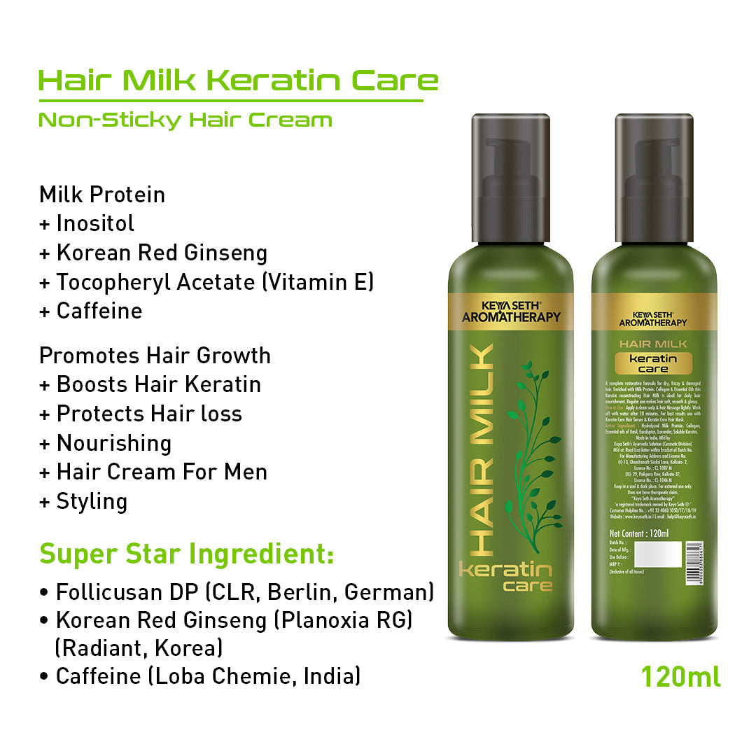 Hair Milk Keratin Care, Hair Cream for Hair Growth, Nourishing & Styling Enriched with Milk Protein, Vitamin E & Essential Oil for Daily Use 120ml