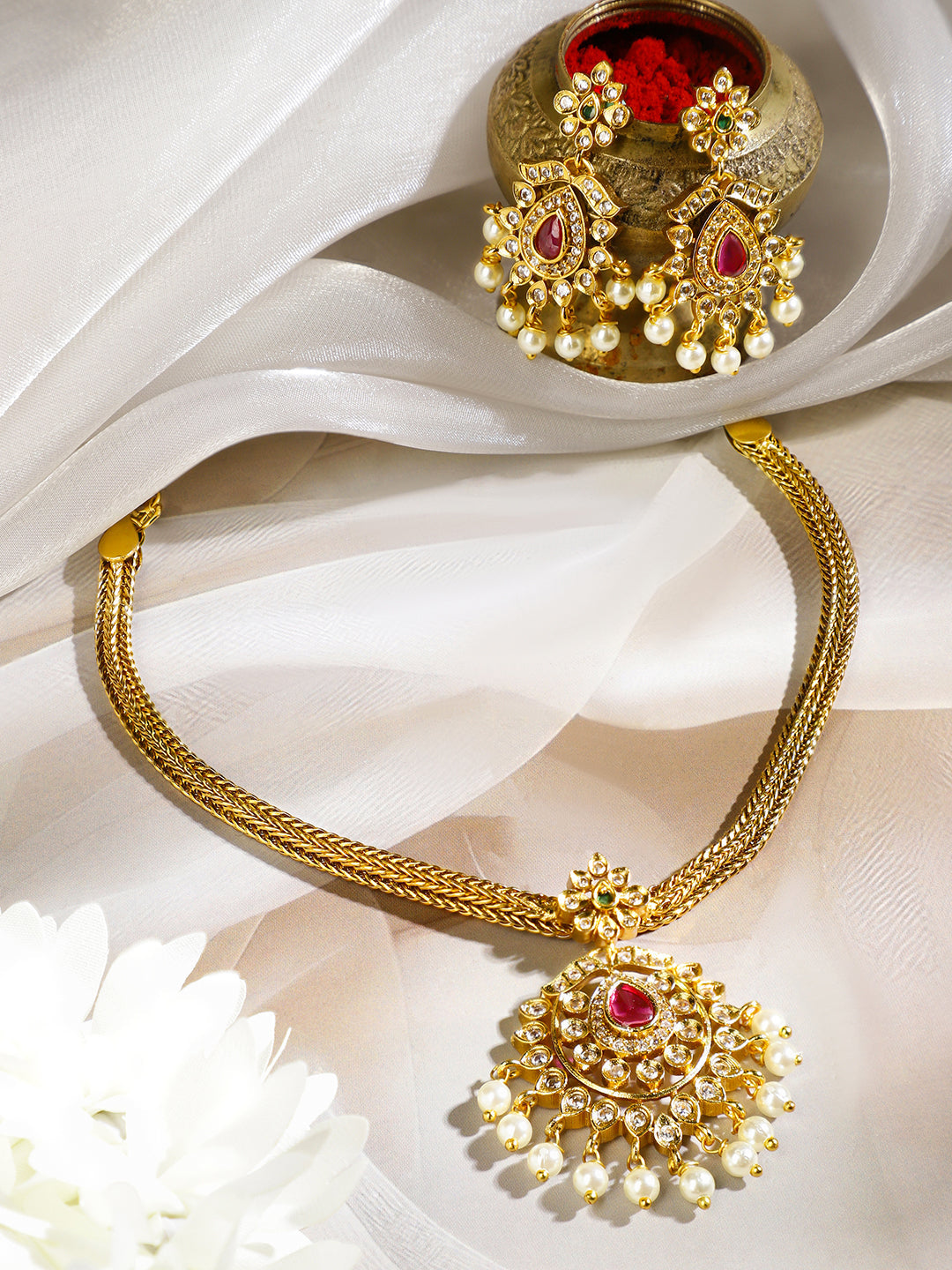 American Diamond Zirconia Necklace Set With Pearl Drops フリーサイズ