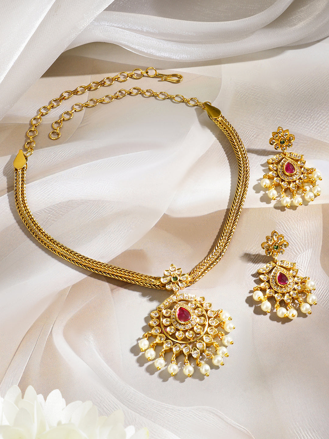 American Diamond Zirconia Necklace Set With Pearl Drops フリーサイズ