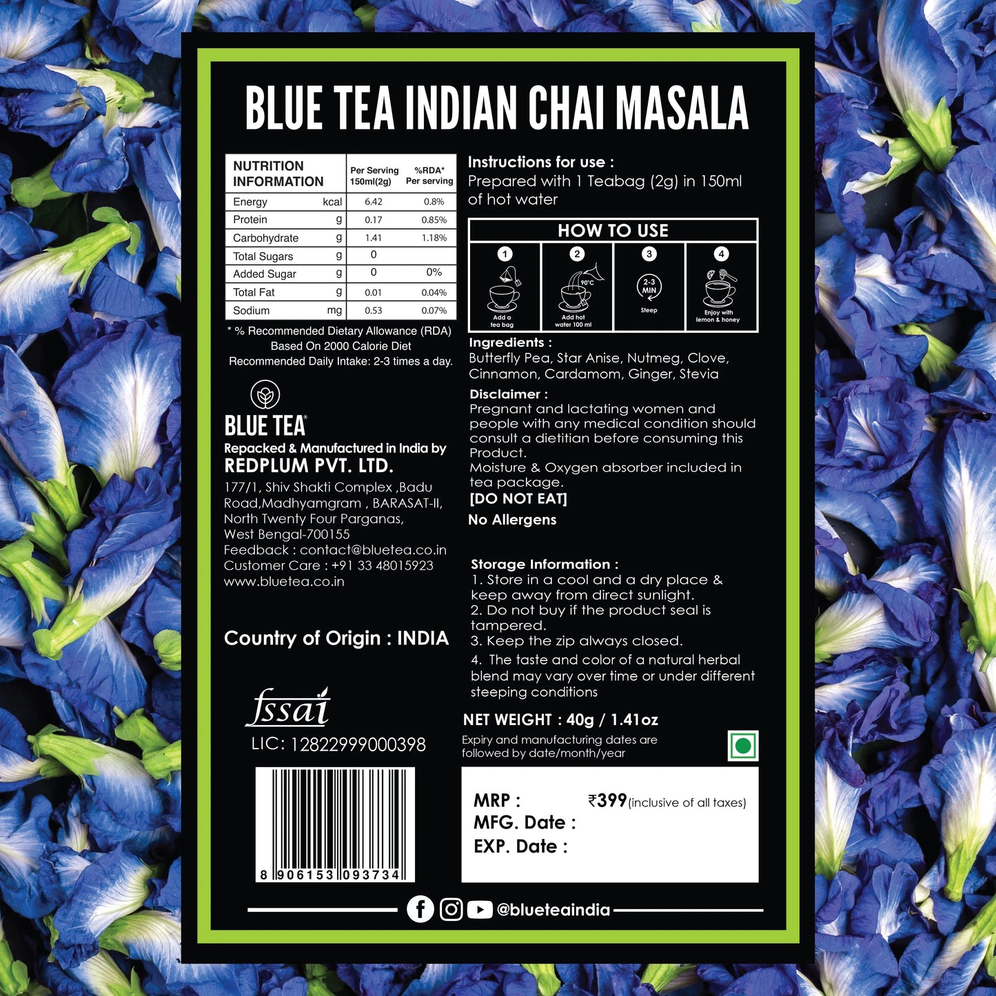 Blue Tea Indian Chai Masala (Calming Blue Tea) - 20 tea bags 20 Tea Bags