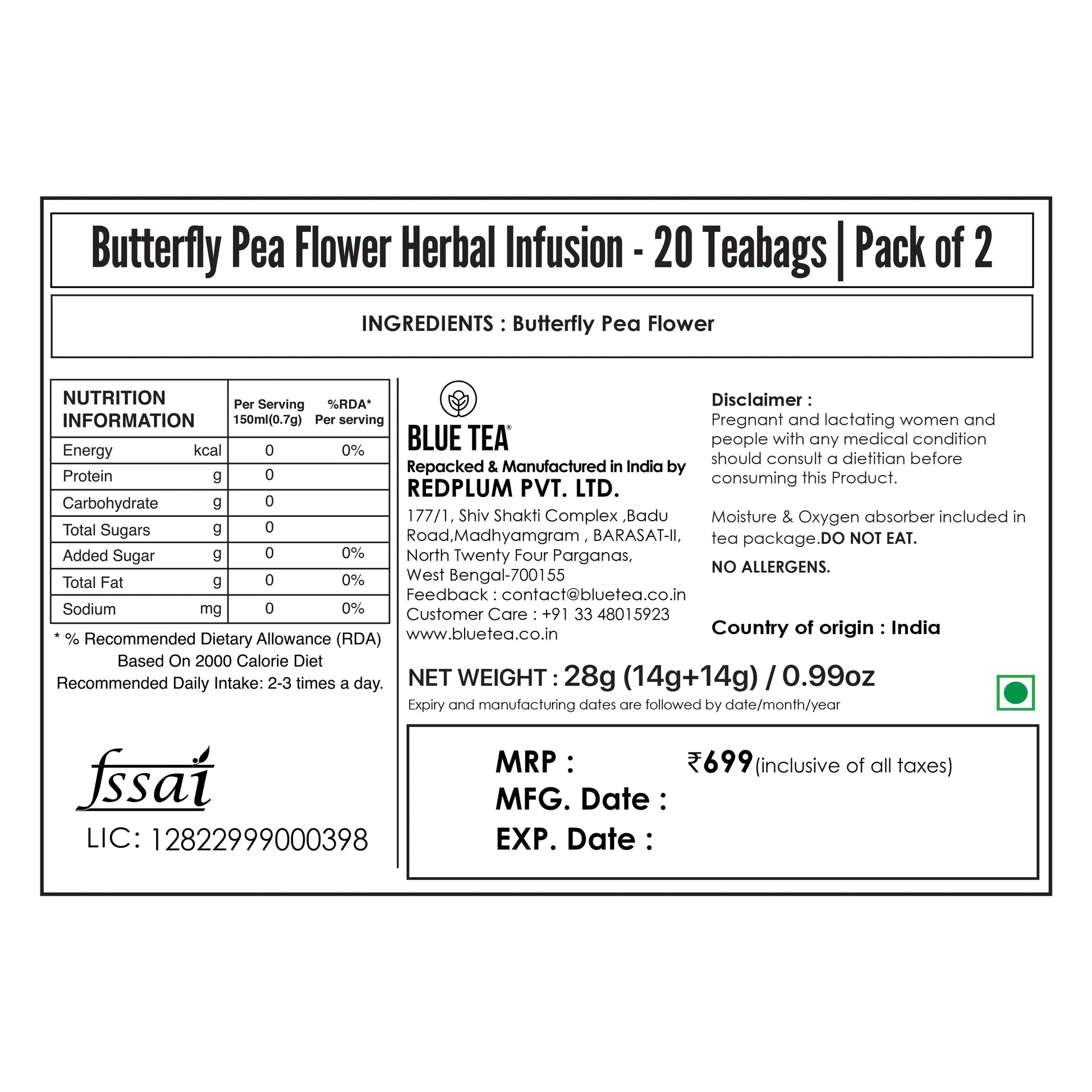 Butterfly Pea Flower Herbal Infusion - 20 Teabags | Pack of 2 20 Tea Bags