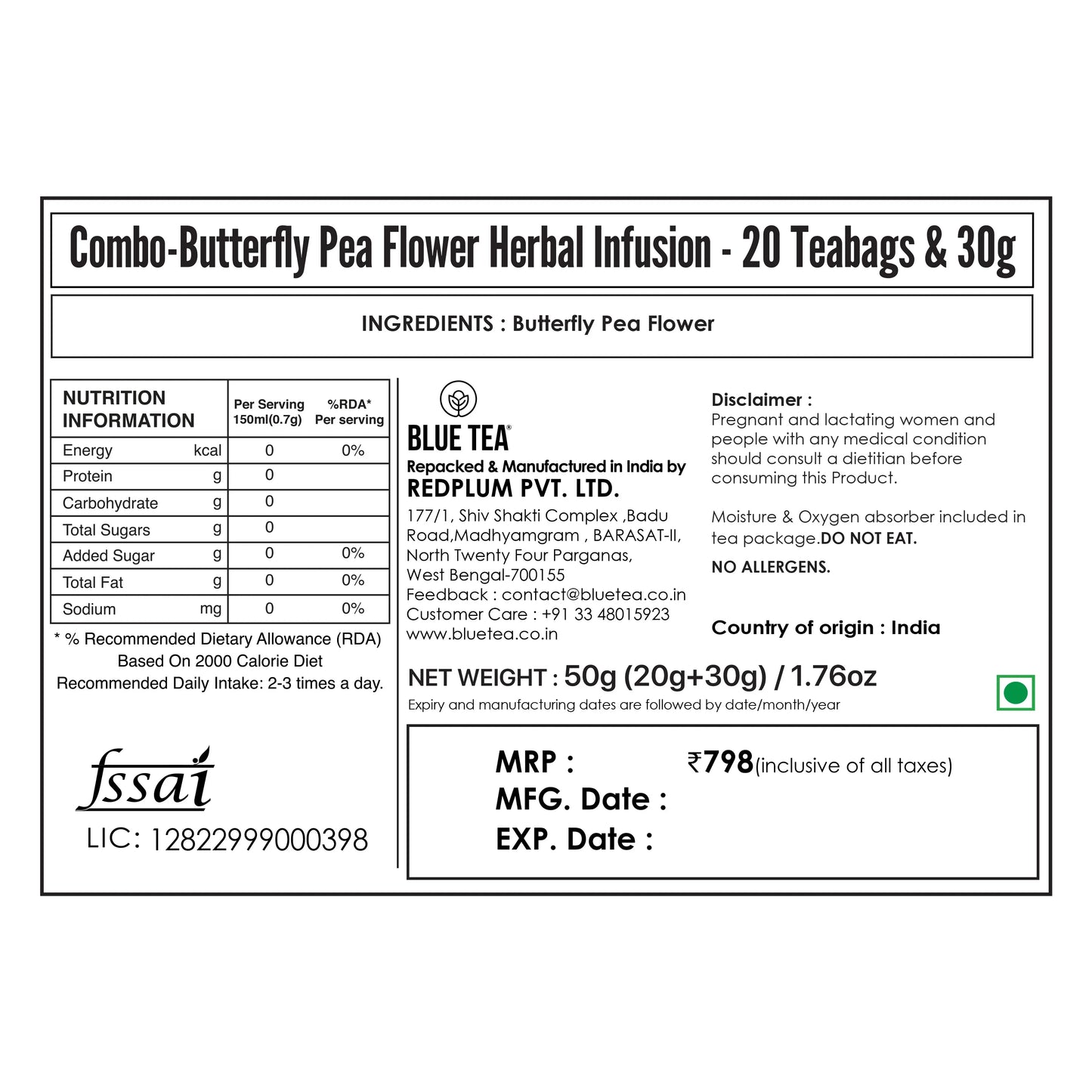 Combo-Butterfly Pea Flower Herbal Tea  - 20 Teabags & 30g 30G
