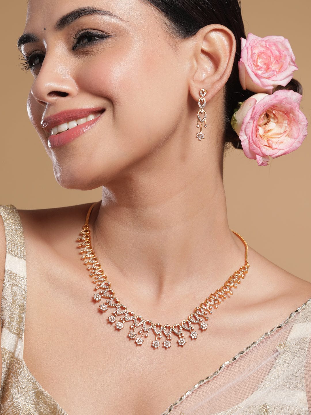 Floral Necklace Set in American Diamond Zirconia Gold