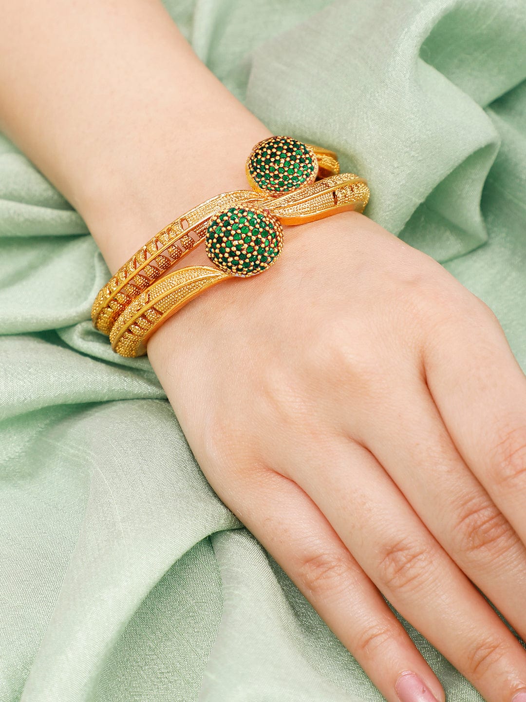 Rubans Set of 2 22K Gold-Plated Emerald Green Stone Studded Traditional Handcrafted Bangle 2.6 - Medium