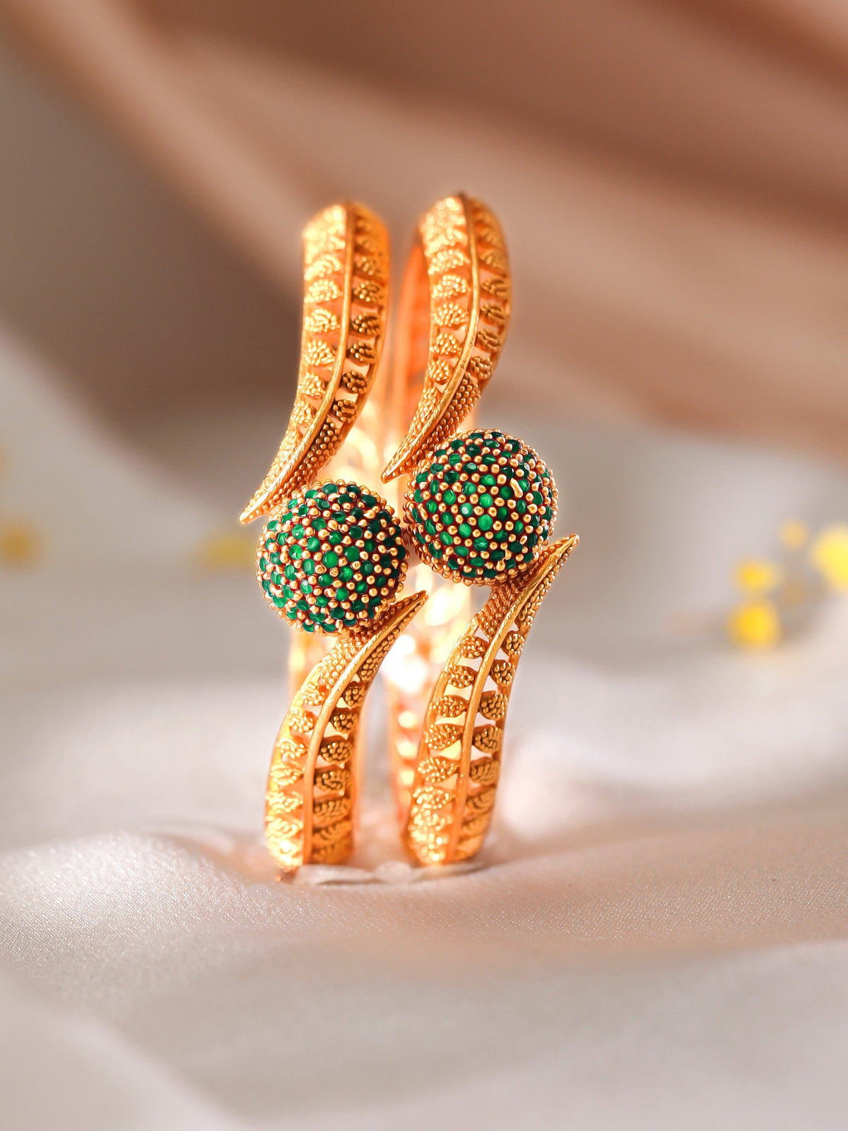 Rubans Set of 2 22K Gold-Plated Emerald Green Stone Studded Traditional Handcrafted Bangle 2.4 - Small