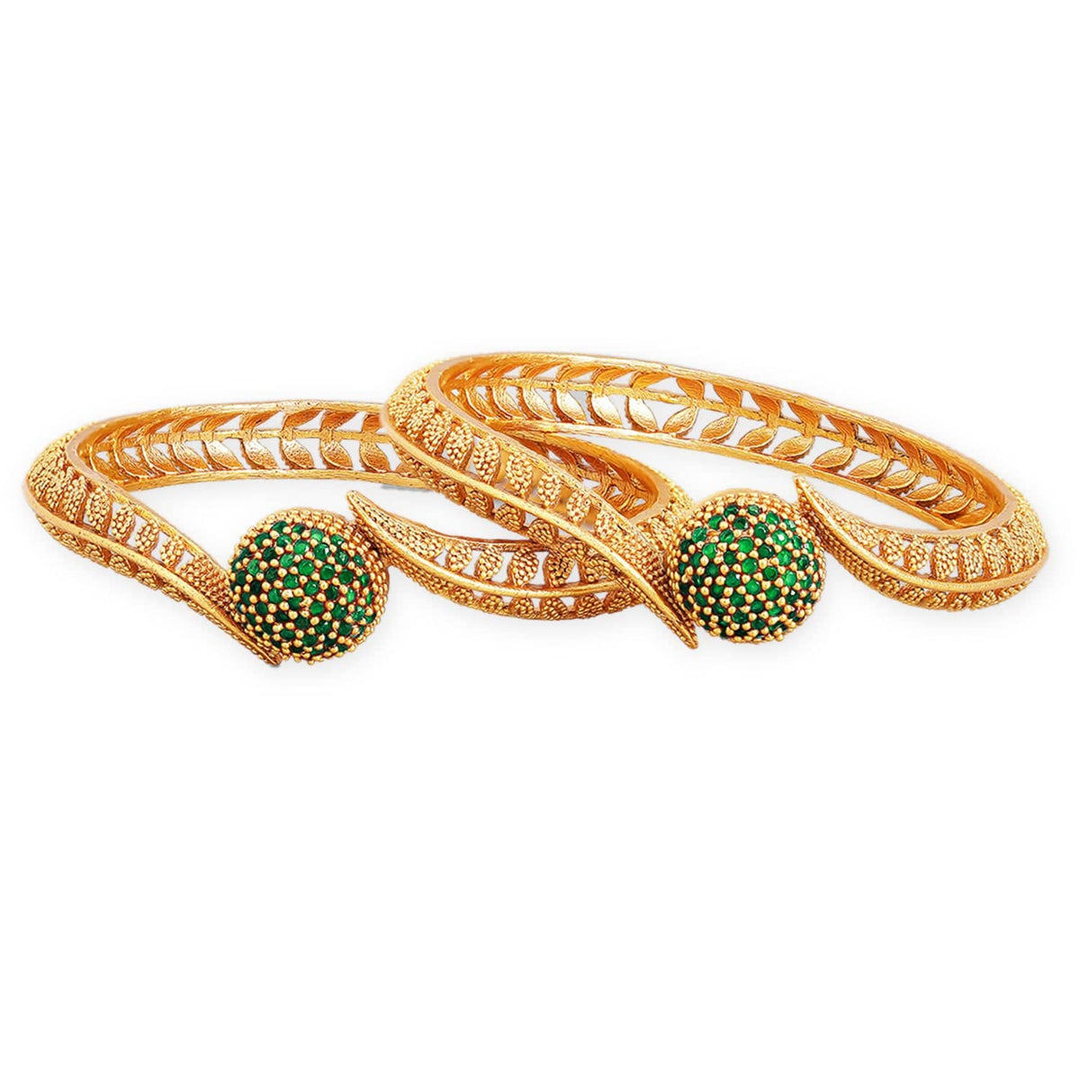 Rubans Set of 2 22K Gold-Plated Emerald Green Stone Studded Traditional Handcrafted Bangle 2.6 - Medium