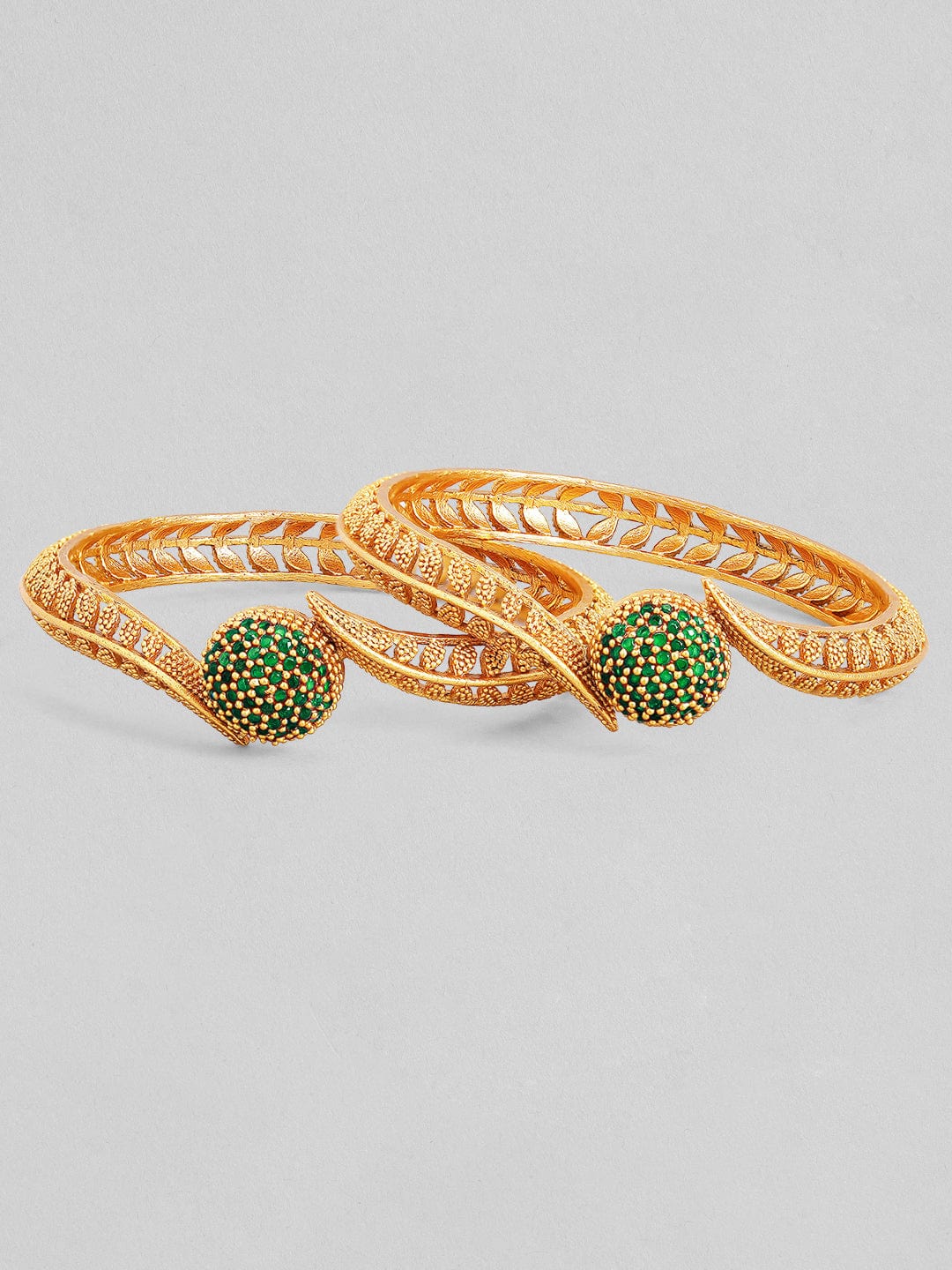 Rubans Set of 2 22K Gold-Plated Emerald Green Stone Studded Traditional Handcrafted Bangle 2.6 - Medium