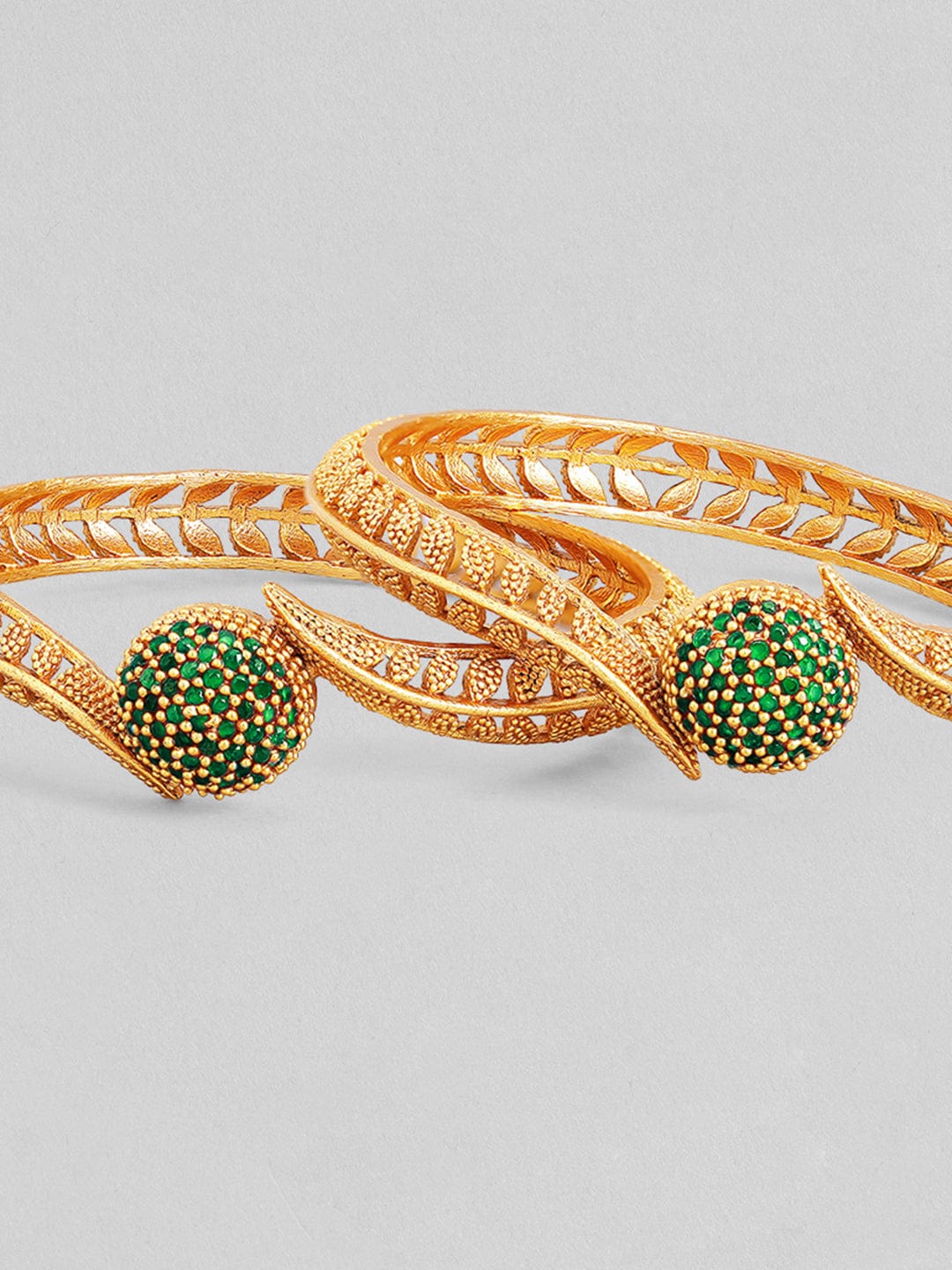 Rubans Set of 2 22K Gold-Plated Emerald Green Stone Studded Traditional Handcrafted Bangle 2.4 - Small