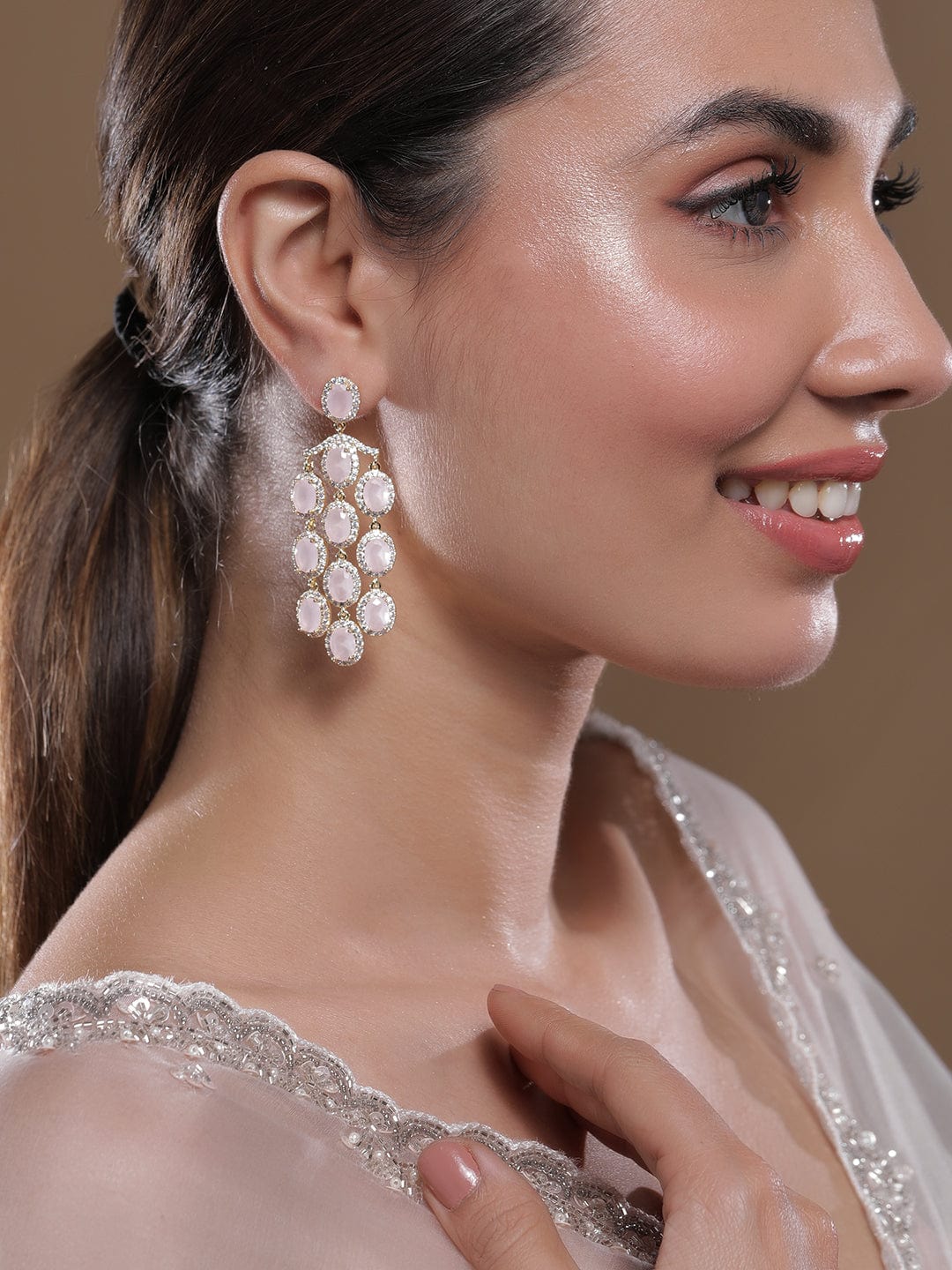 Ivory Glam White Stone Danglers Gold