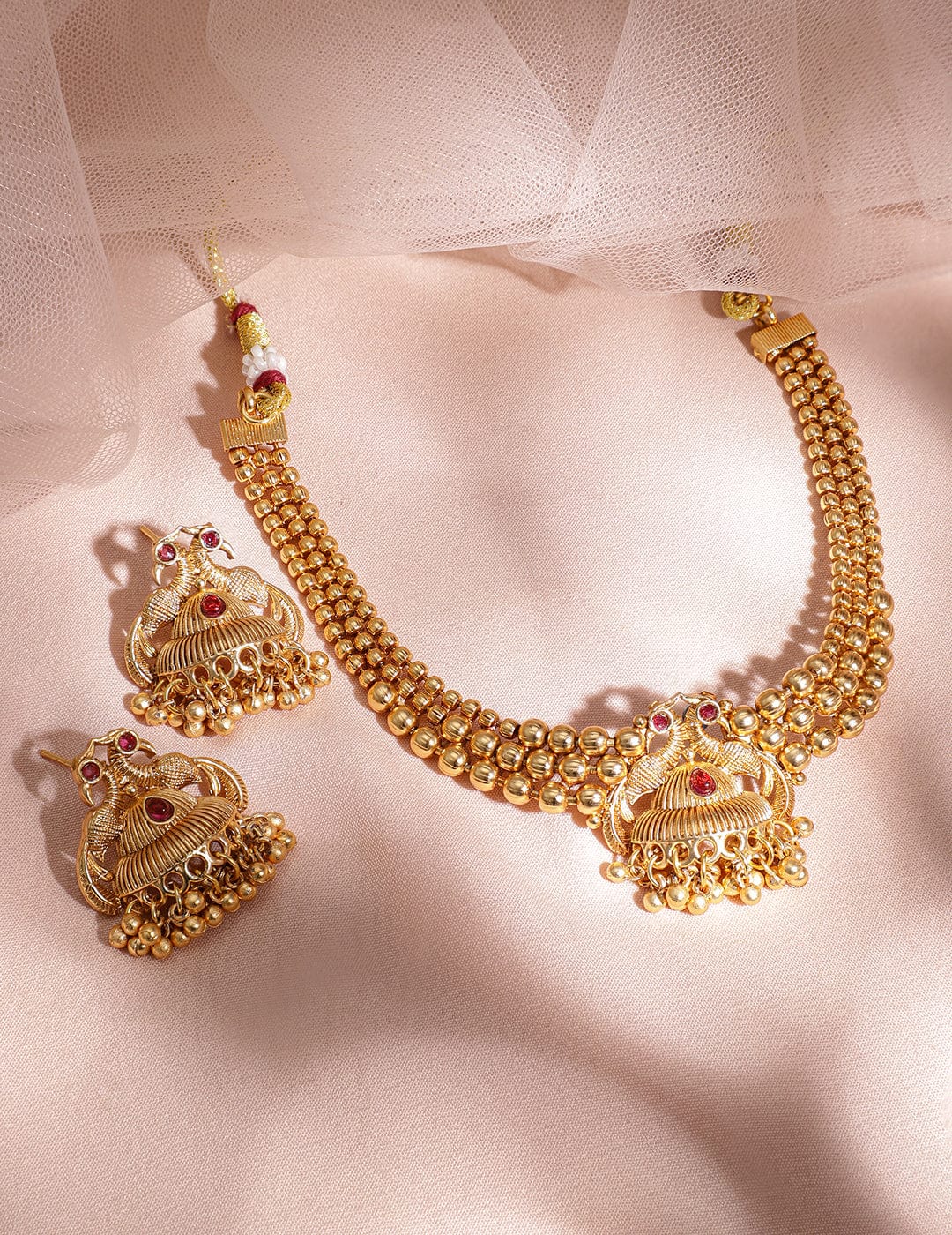 Enchanting Red Short Peacock Necklace Set Gold