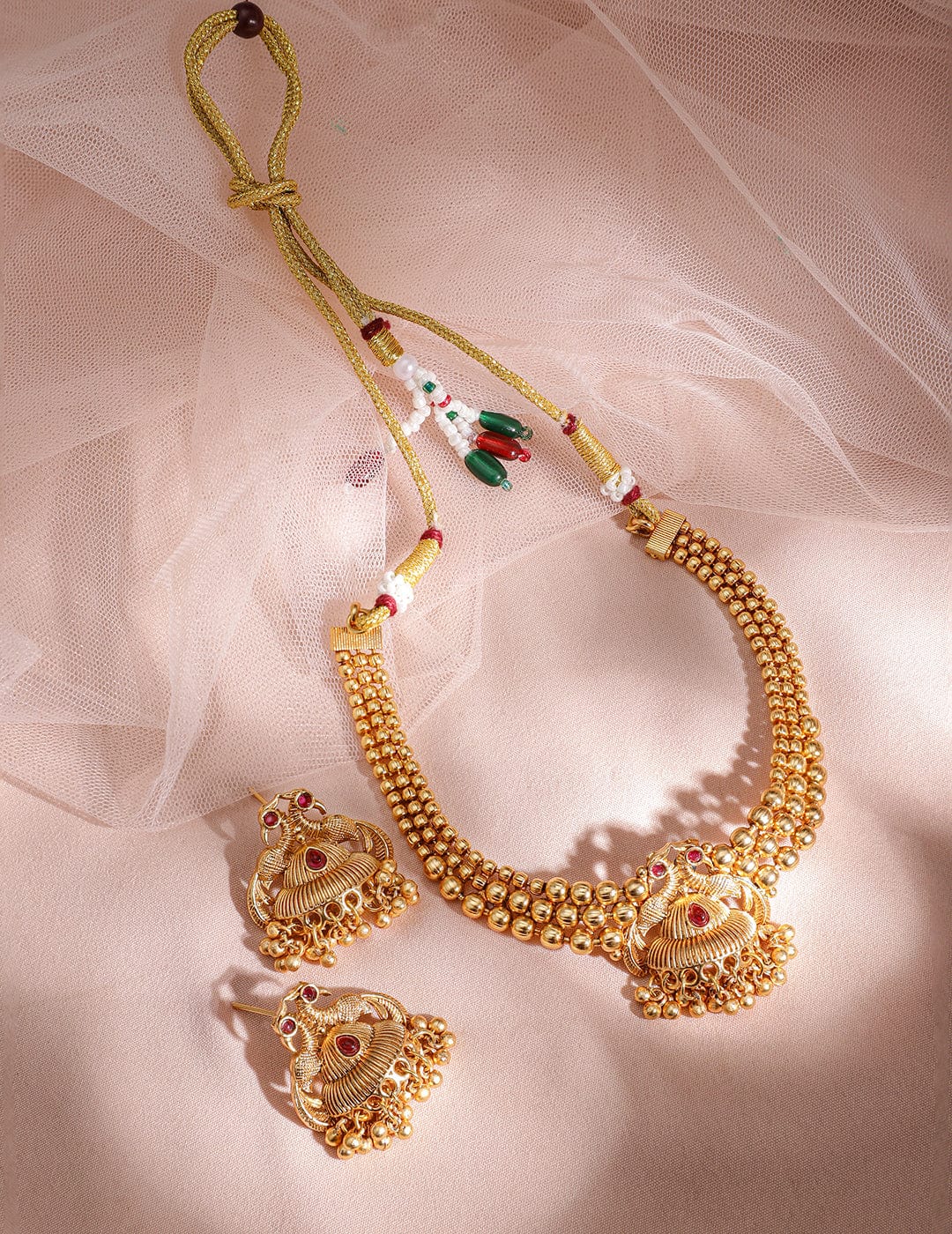 Enchanting Red Short Peacock Necklace Set Gold