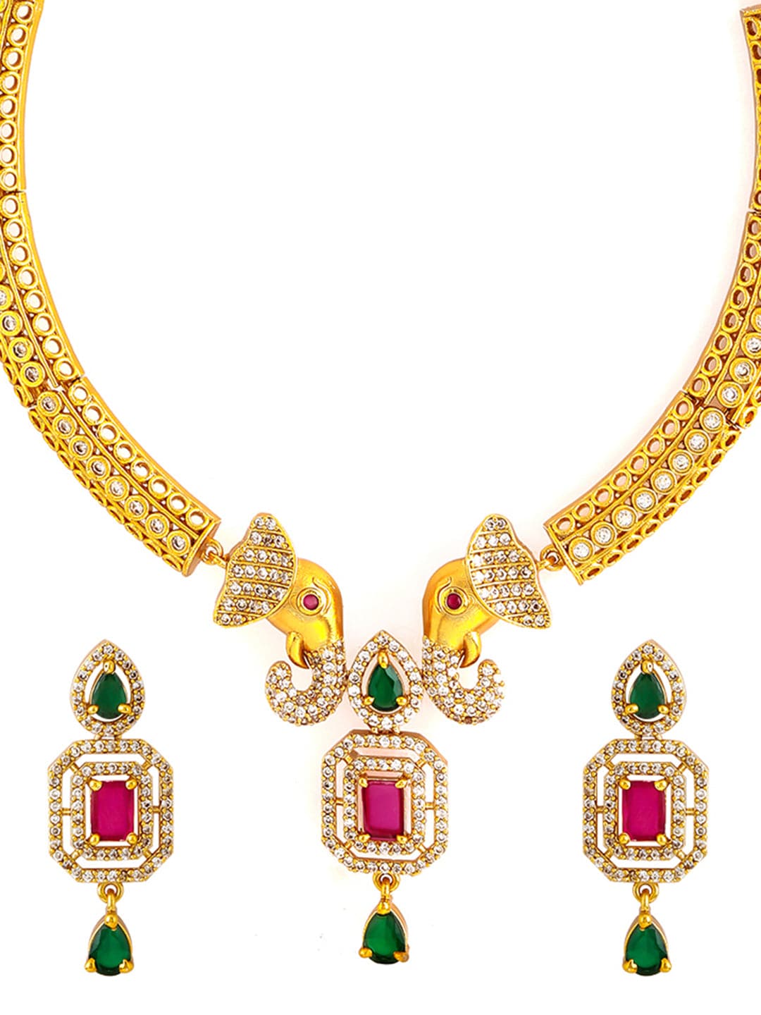 Elephant Motif American Diamond Zirconia Necklace Set Gold