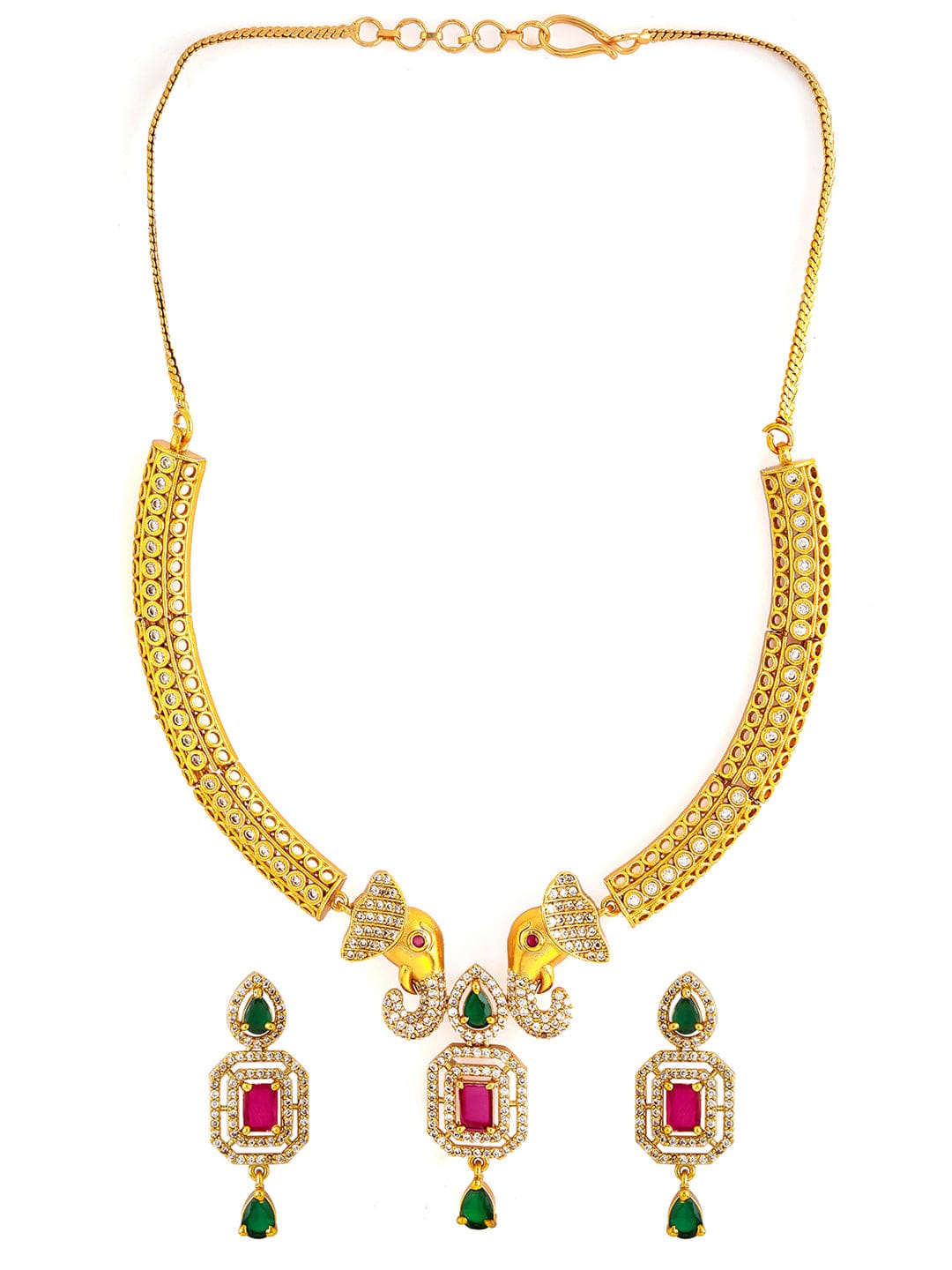 Elephant Motif American Diamond Zirconia Necklace Set Gold